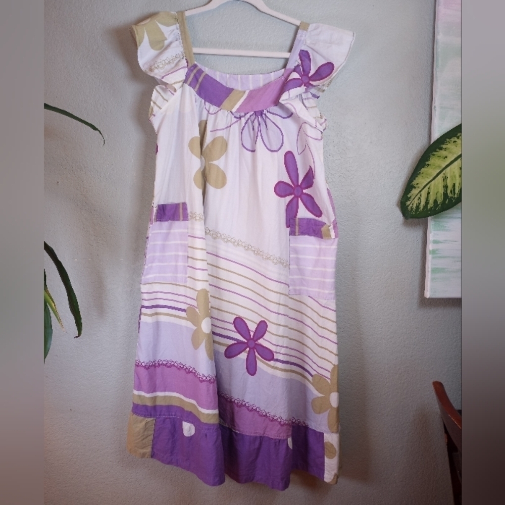 Flutter Cap Sleeve Floral Trapeze Swing Dress Front Pockets Comfy Light Sz L